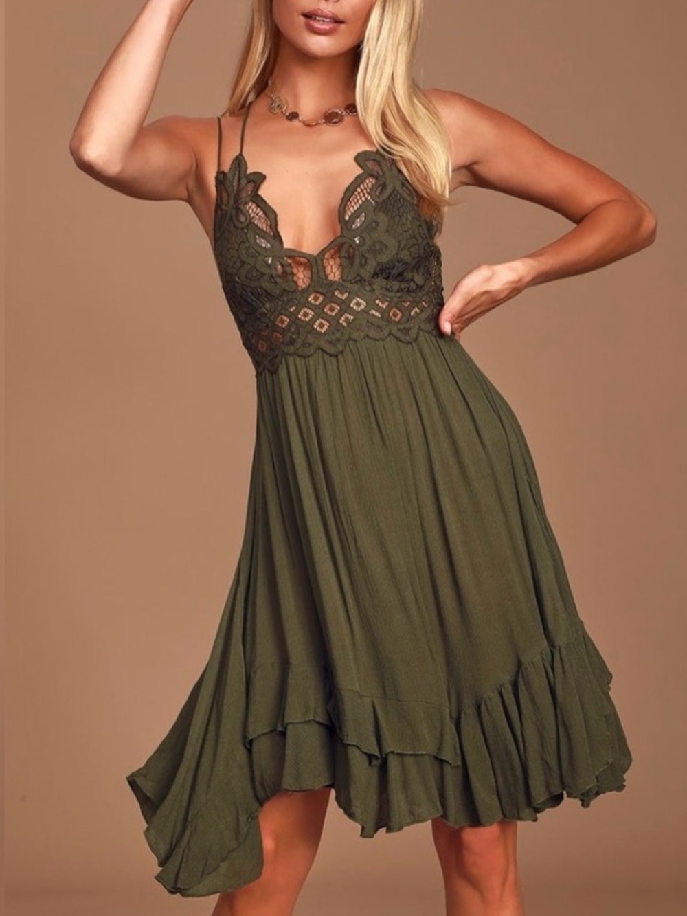 FREE PEOPLE "Adella" Olive Green Bohemian Dress W/ Lace & Ruffles, Size S, EUC